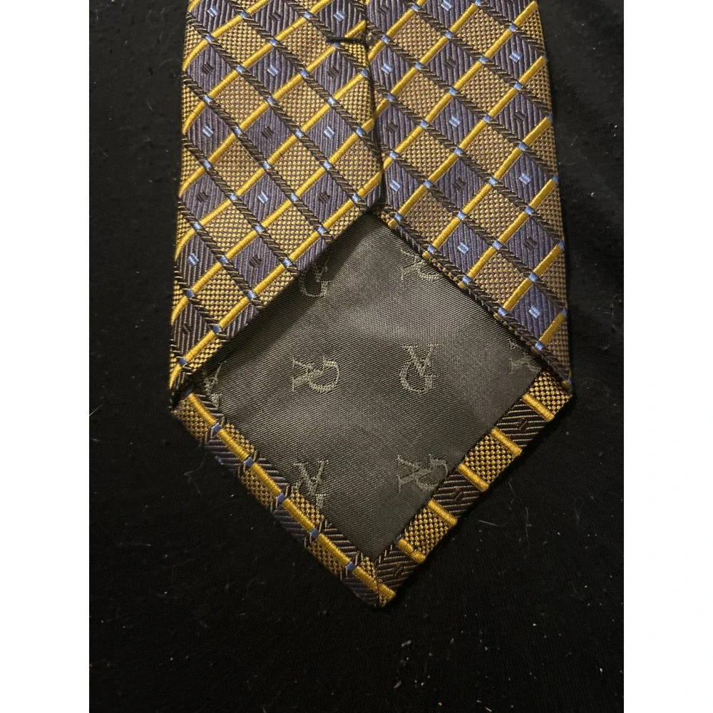 Valerio Garati Mens Silk Tie Gold Navy Blue Geometric‎ Check Hand Made Necktie